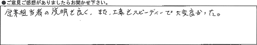 営業担当者の説明も良く、また工事もスピーディーで大変良かった。